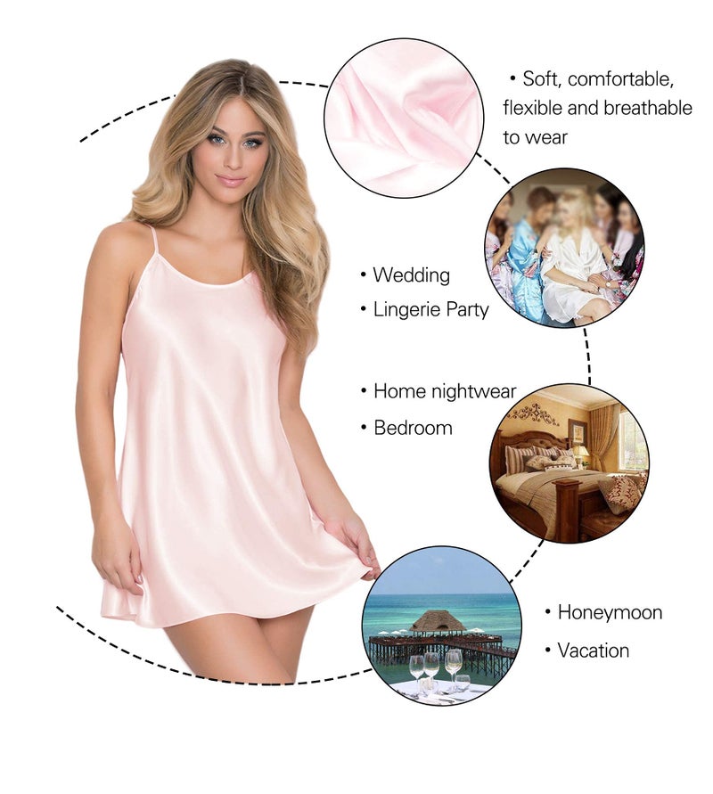 RSLOVE Satin Lingerie for Women Chemise Nightgown Spaghetti Strap Sleepwear Mini Slip Nightwear Pink M - Image 4